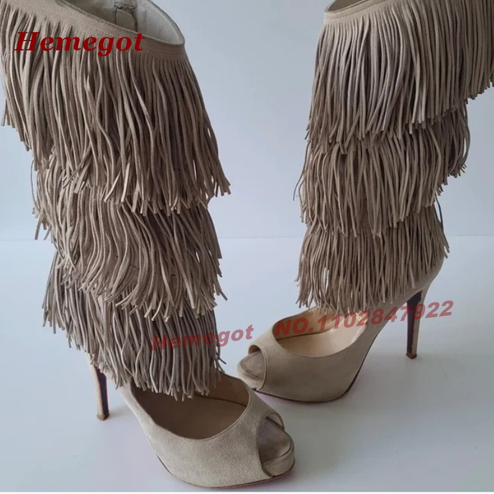 Tiered Fringe Peep‑Toe High He - đánh giá và giá Knee High Boots Women