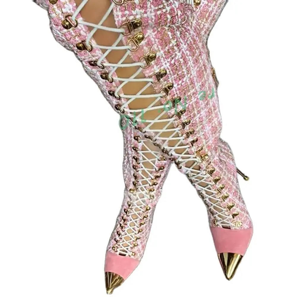 Pink Plaid Hollow Tall Boots W - đánh giá và giá Sock Boot Women